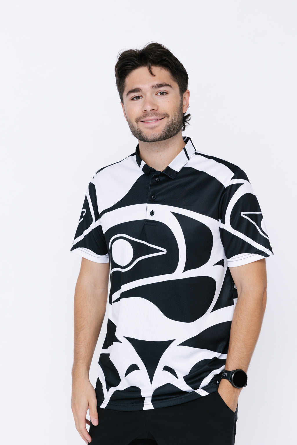 Mens Polo Shirt - Eagle Maple Leaf Black and White