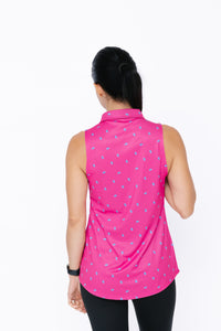 Ladies Polo Tank - Bear Ditsy Hot Pink/Marine Grey