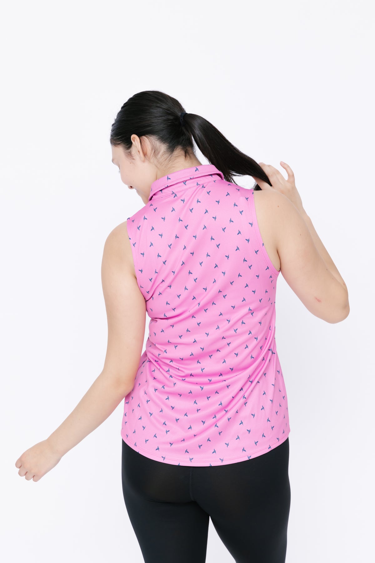 Ladies Polo Tank - Hummingbird Ditsy Cherry Pink/Onyx Grey