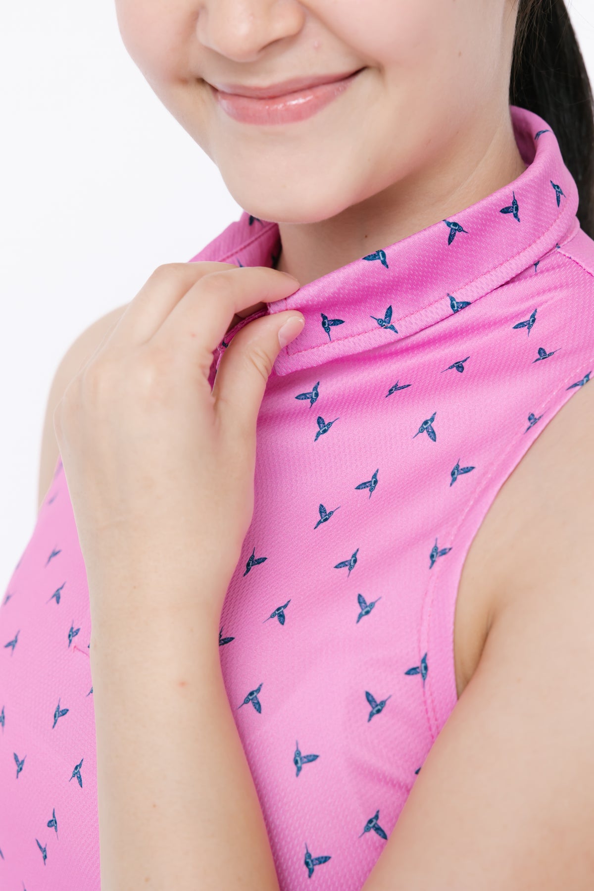 Ladies Polo Tank - Hummingbird Ditsy Cherry Pink/Onyx Grey