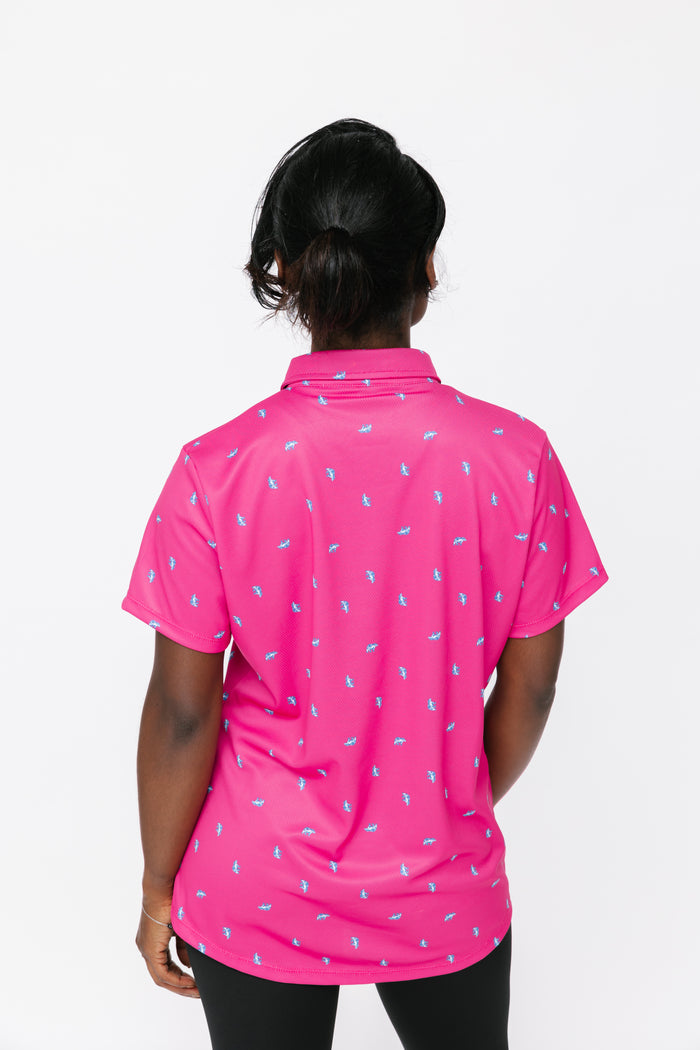 Ladies Polo Shirt - Bear Ditsy Hot Pink/Marine Grey