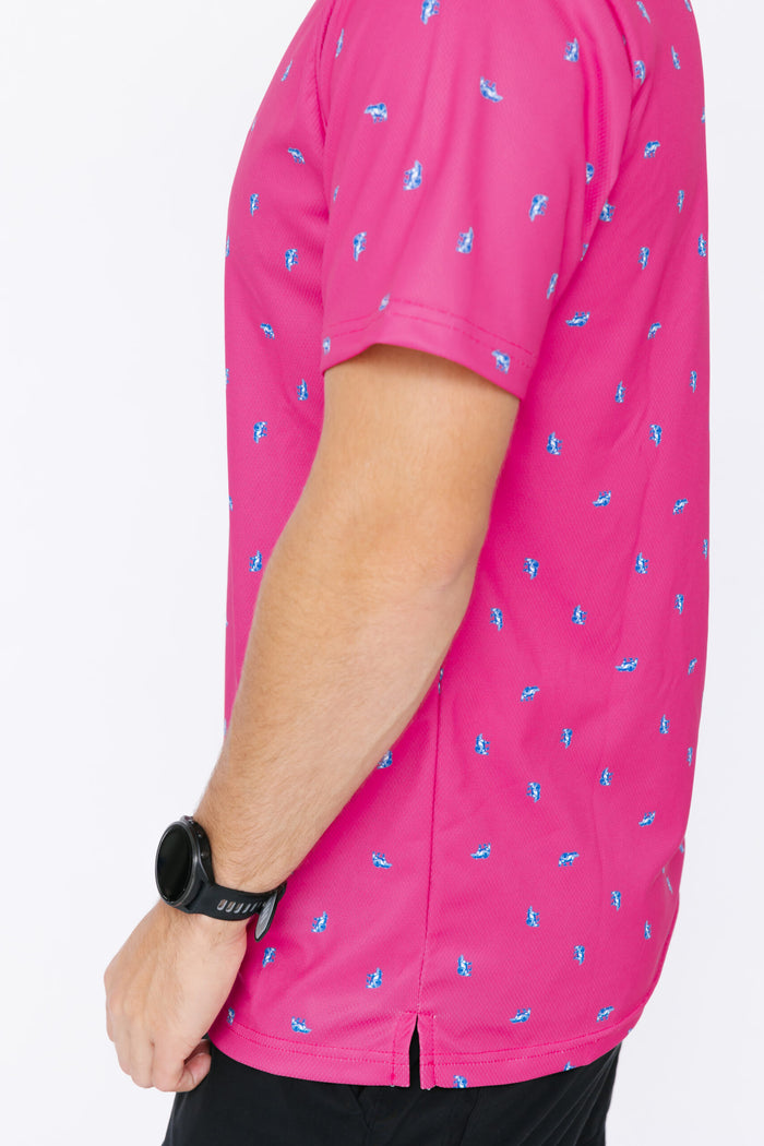 Men's Polo Shirt - Bear Ditsy Hot Pink/Marine Grey