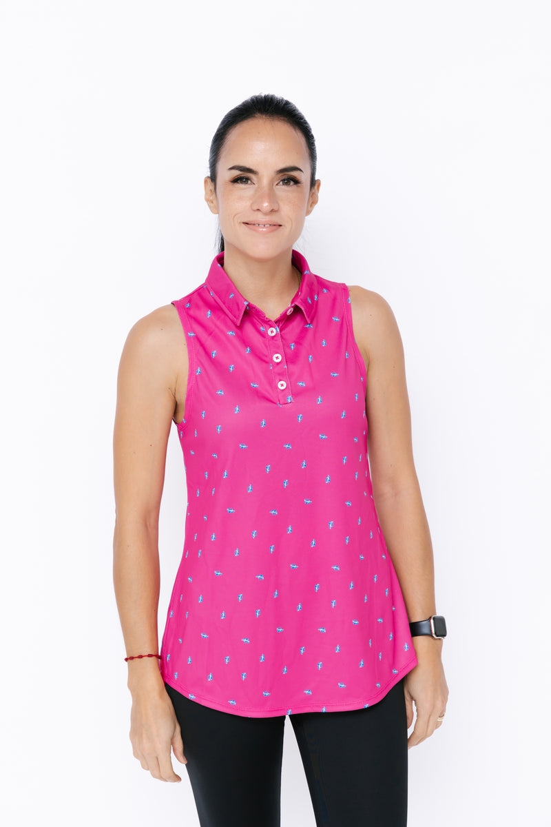 Ladies Polo Tank - Bear Ditsy Hot Pink/Marine Grey