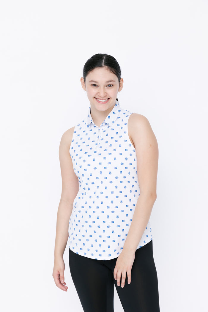 Ladies Polo Tank - Bear Paw Ditsy White/Marine Grey