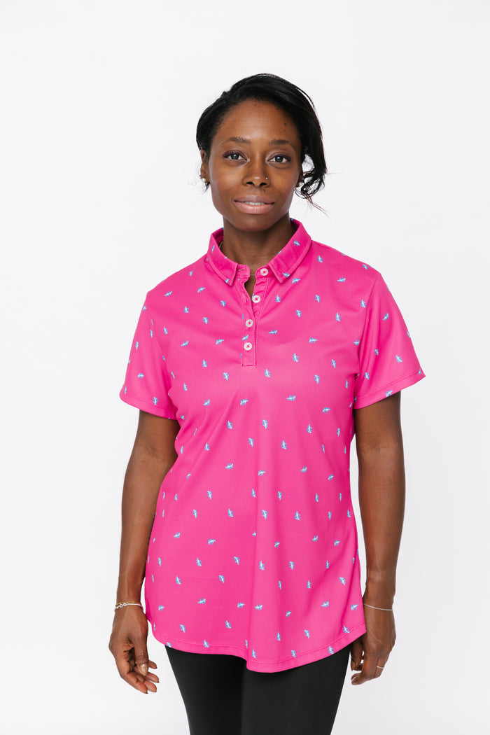 Ladies Polo Shirt - Bear Ditsy Hot Pink/Marine Grey