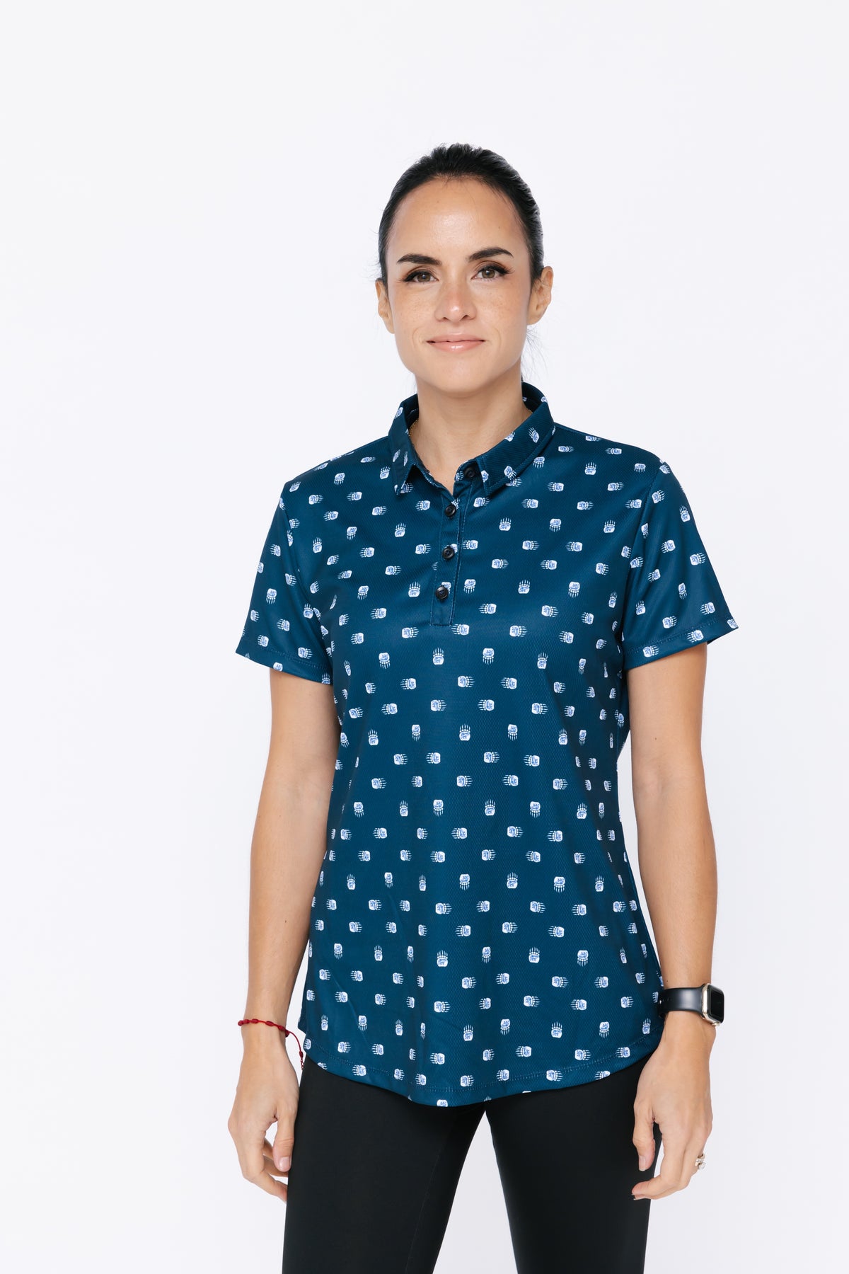 Ladies Polo Shirt - Bear Paw Ditsy Onyx/White