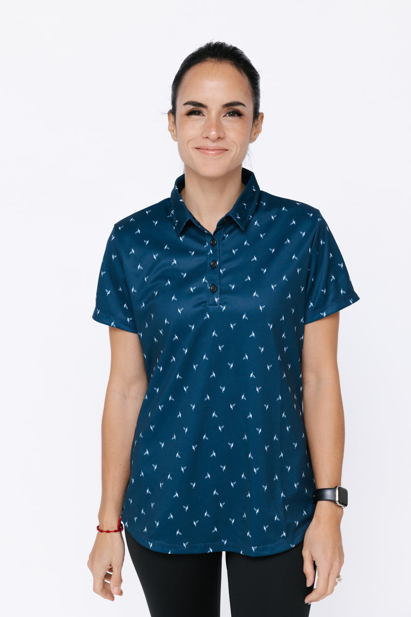 Ladies Polo Shirt - Hummingbird Ditsy Onyx/White