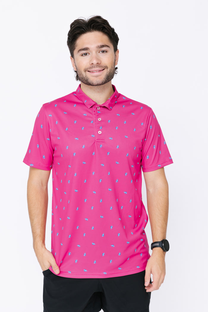 Men's Polo Shirt - Bear Ditsy Hot Pink/Marine Grey