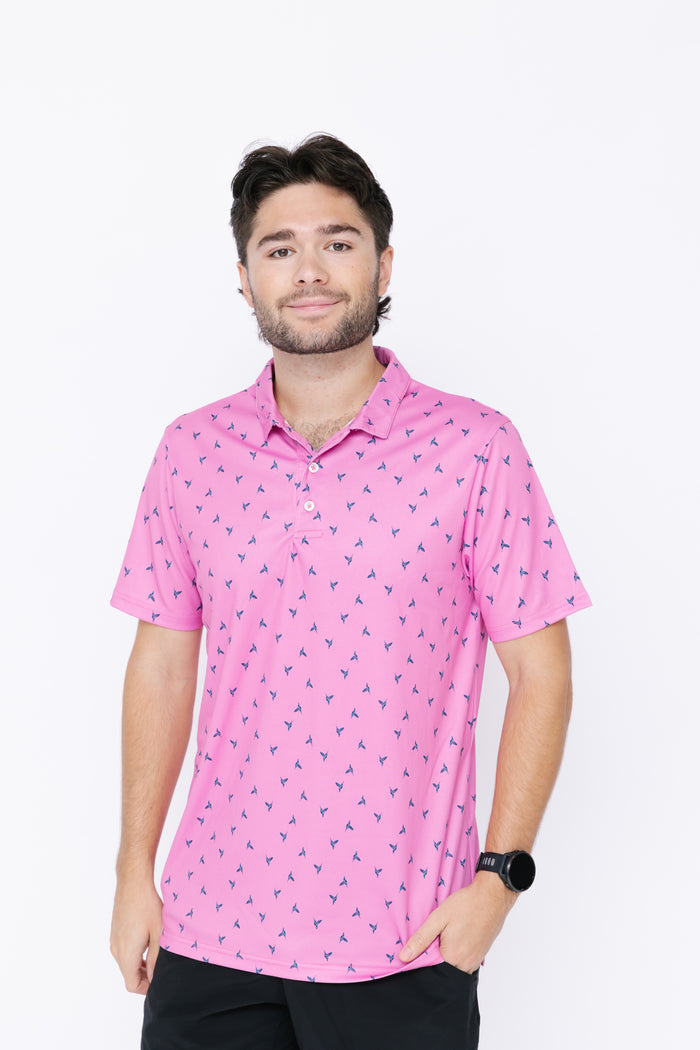 Men's Polo Shirt - Hummingbird Ditsy Cherry Pink/Onyx Grey