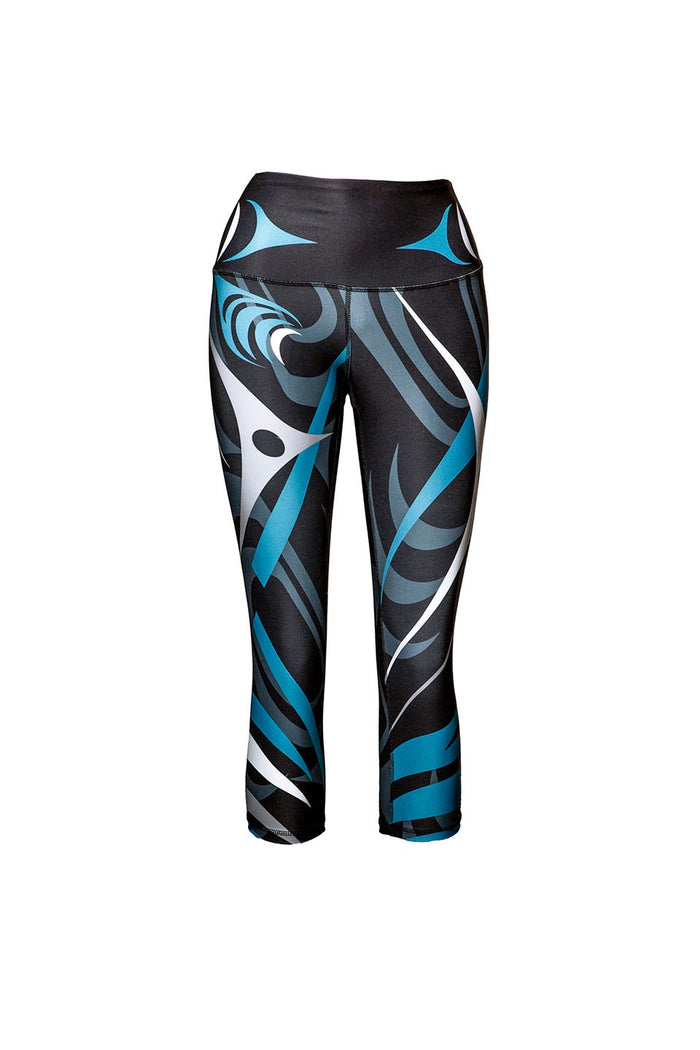 Black leggings with blue and gray abstract pattern on a white background